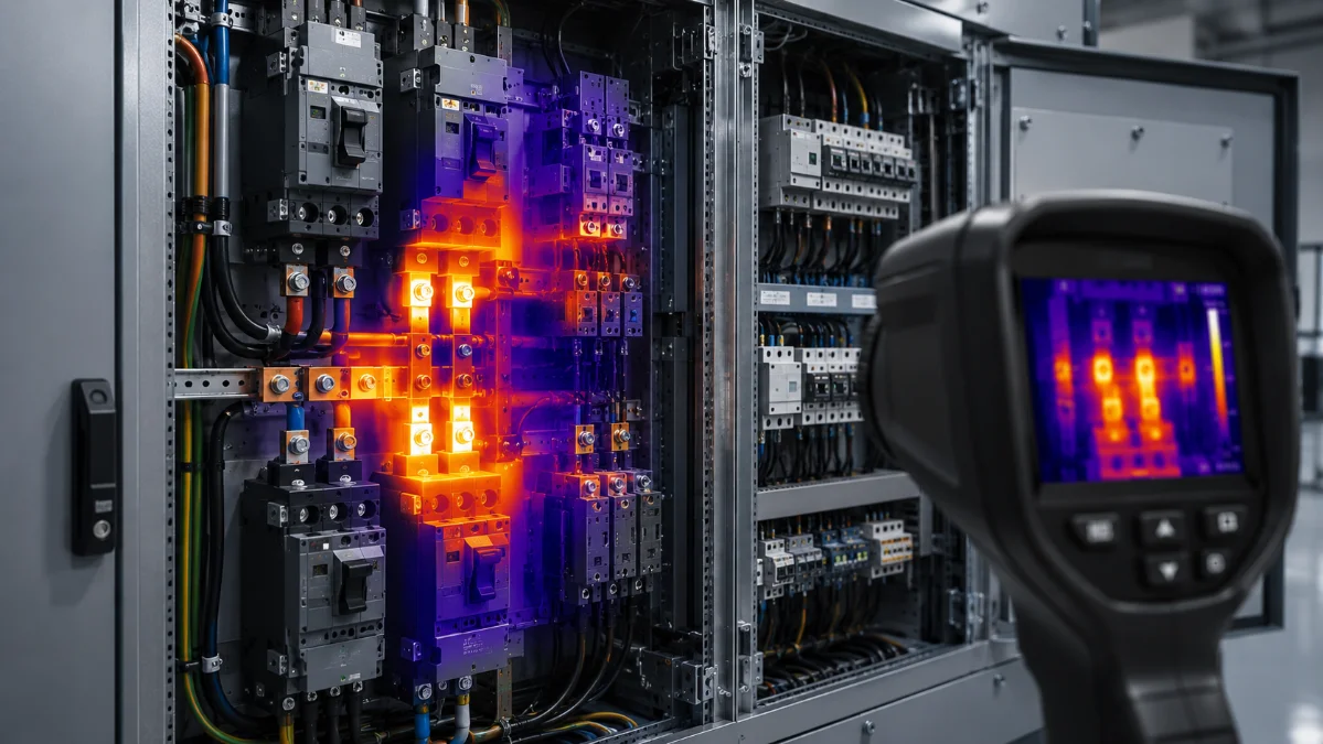 Termografia elétrica identificando aquecimento em painel e QGBT