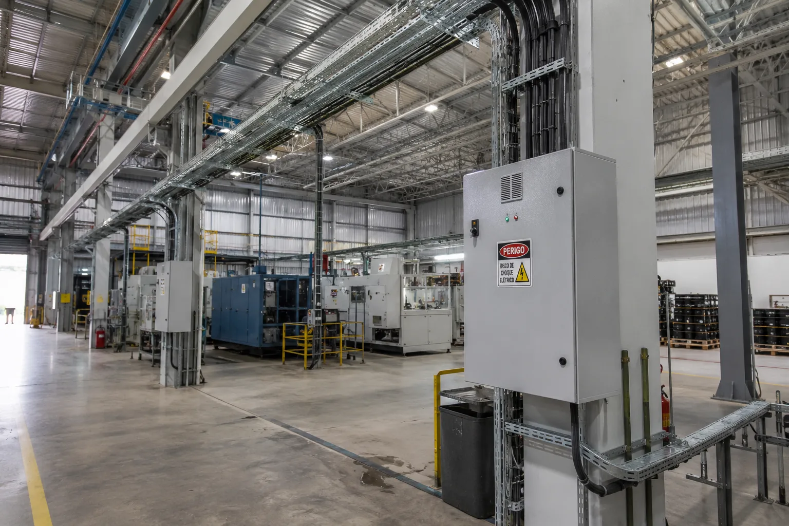Instalação elétrica industrial completa executada pela Godoy Engenharia em planta produtiva