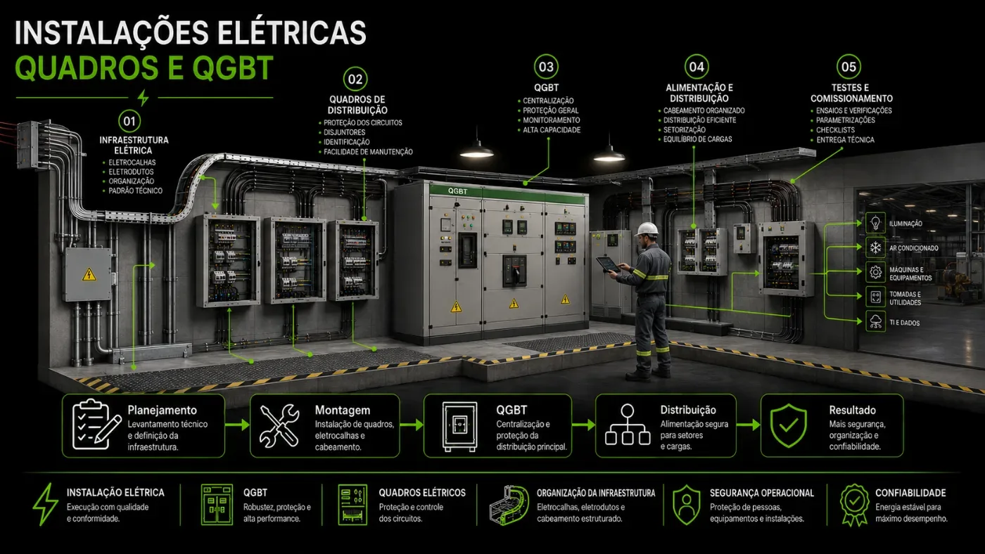 Instalações elétricas industriais, comerciais e prediais Execução de instalações elétricas industriais e comerciais com infraestrutura e quadros