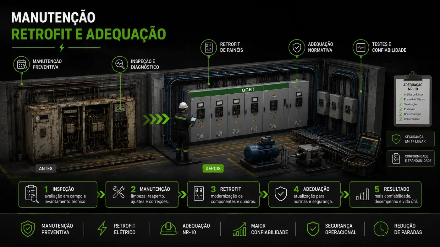 Empresa de manutenção elétrica industrial inspecionando QGBT e painéis em planta fabril