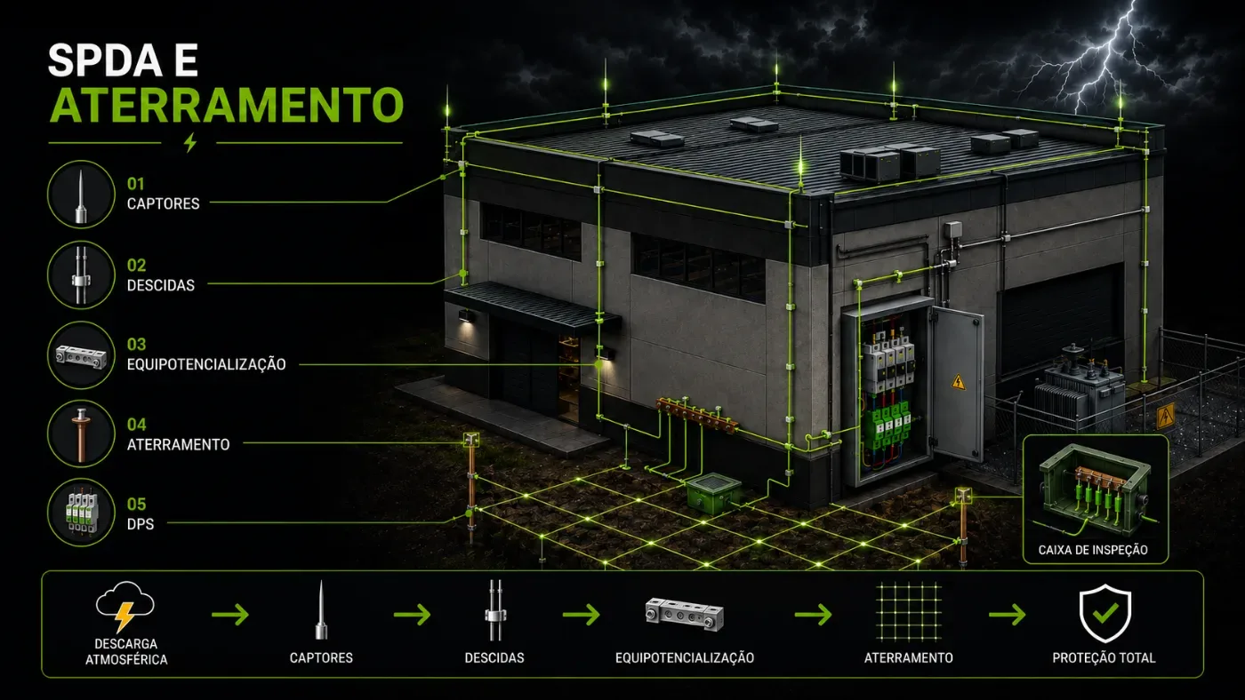 SPDA em planta industrial com galpão metálico, captação e malha de aterramento